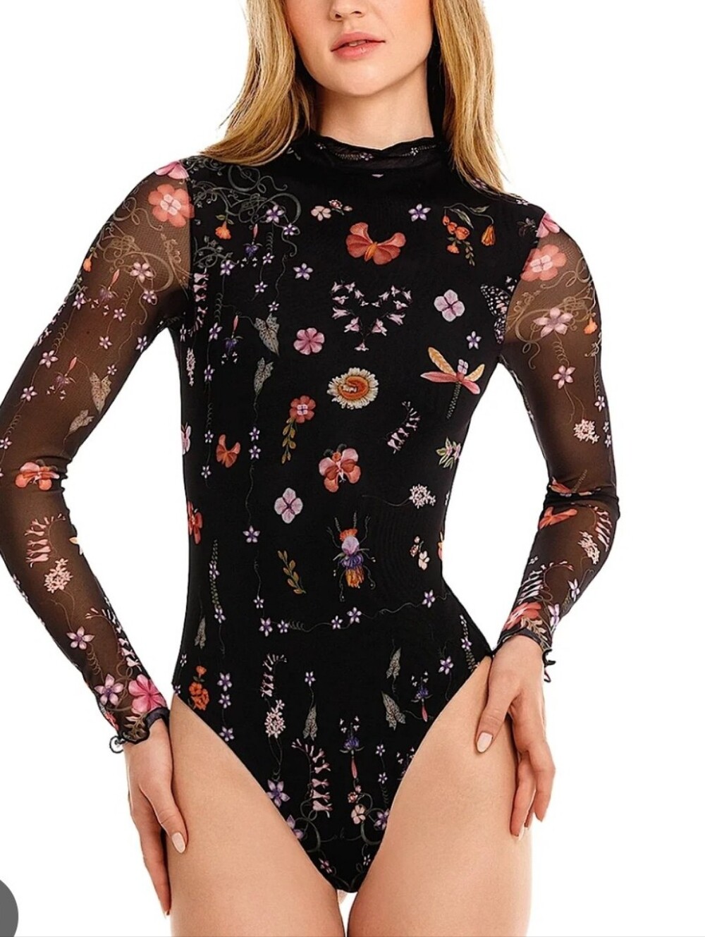 New!Agua Bendita Mei  Black Floral Long-Sleeve One-Piece Swimsuit